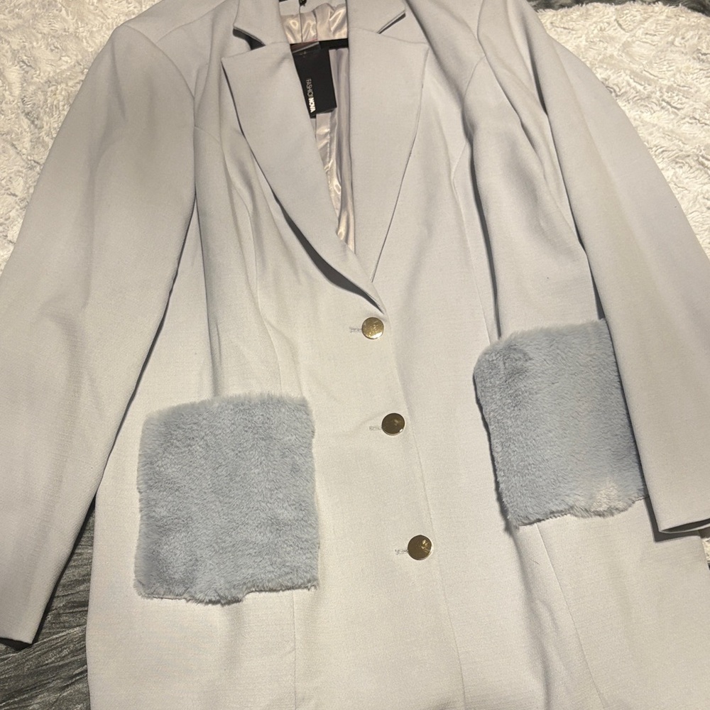 Bluish Gray Coat with Faux Fur Accents